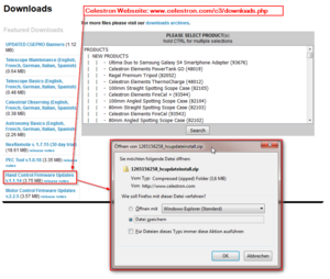 Screenshot der Downloadseite von Celestron. Wählen Sie links "Handcontrol Firmware Updates" um das Updateprogramm herunter zu laden."