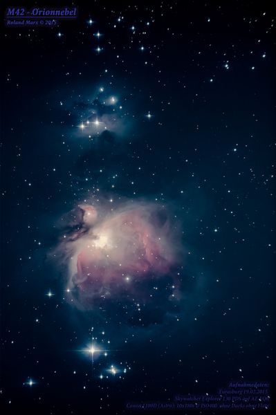 Orionnebel M42 aufgenommen mit einem Explorer 130 PDS Newton und Canon D1100 Astro am 19.2.2015 (c) Roland Marx