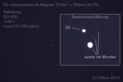 ISS aufgenommen mit Megrez 72 @ f = 340mm. Hier ist die ISS sehr hell, doch leider auch sehr klein und ohne Details zu erkennen. (c) R.Marx