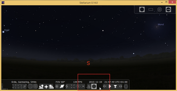 Beim ersten Start von Stellarium fehlt das Menü für die Teleskopsteuerung. Es sollte im rot markierten Bereich erscheinen.