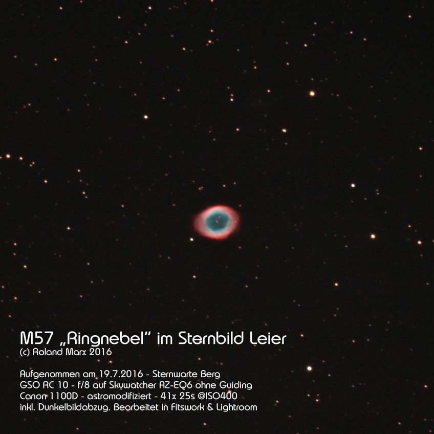 Ausschnitt: Ringnebel M57 im Sternbild Leier - aufgenommen von Roland Marx 2016