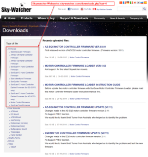 Skywatcher Download Seite mit Firmware für verschiedene Geräte.