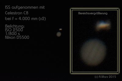 ISS aufgenommen mit C8 @ f=4000mm. Die Belichtungszeit musste kurz gewählt werden. Das Bild ist stark verrauscht. (c) R.Marx